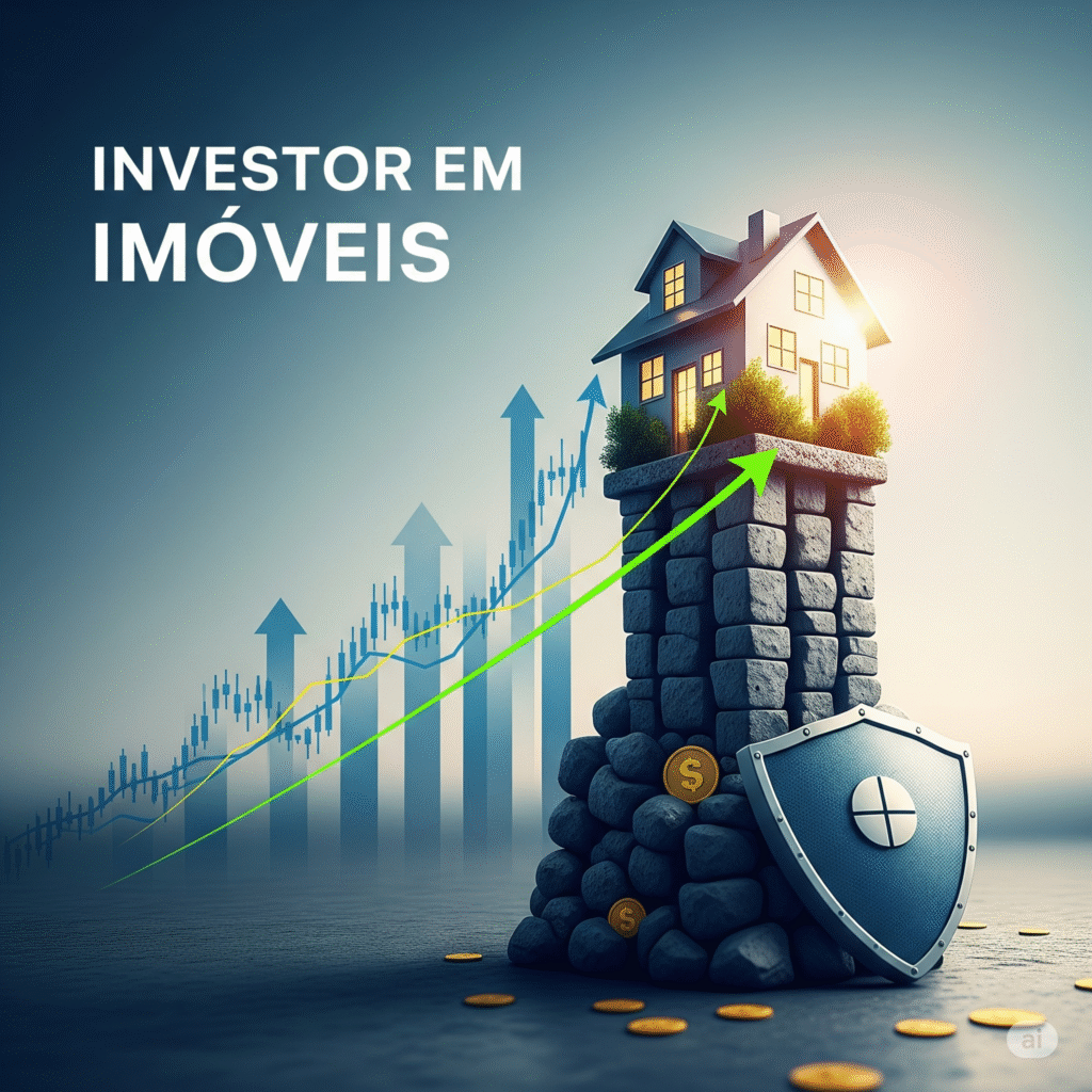 Uma imagem profissional que representa 'Investir em Imóveis', com uma casa sobre uma base sólida de pedras, simbolizando segurança. Ao fundo, gráficos financeiros em ascensão e um escudo, transmitindo a ideia de crescimento e proteção do investimento imobiliário.