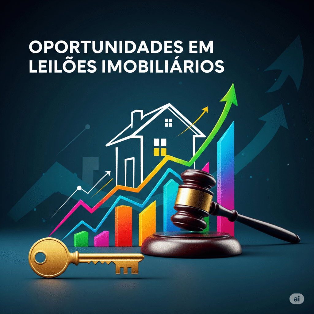 Uma imagem vibrante e profissional que representa 'Oportunidades em Leilões Imobiliários'. A ilustração inclui a silhueta de uma casa em ascensão, um martelo de leilão, gráficos de tendência ascendente e uma chave dourada, tudo em um design adequado para a capa de um post de blog.