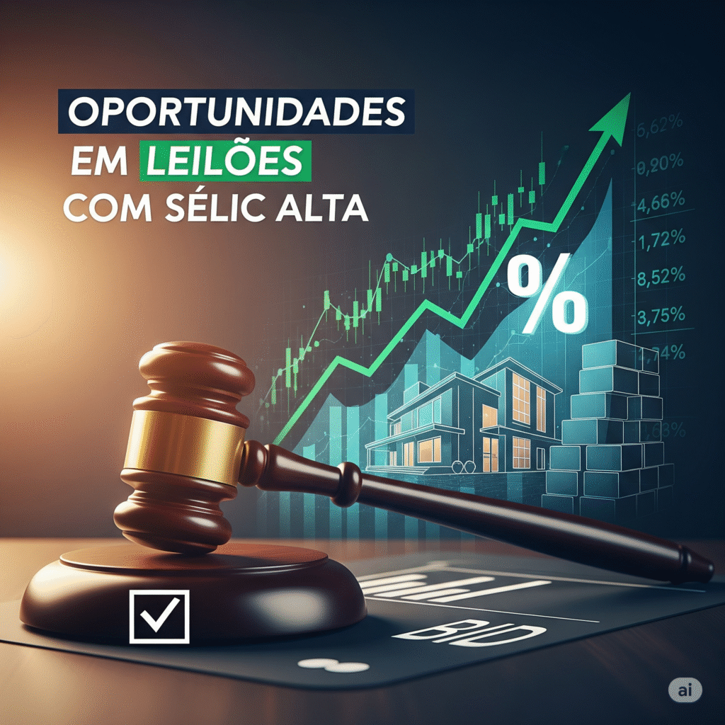 Uma imagem profissional que representa Oportunidades em Leilões com Selic Alta, mostrando um martelo de leilão sobre um gráfico de juros em ascensão e uma silhueta de casa, simbolizando os ganhos estratégicos no cenário atual.