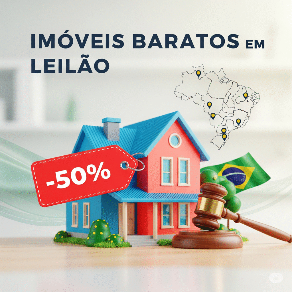 Uma imagem profissional que representa Imóveis Baratos em Leilão no Brasil. A ilustração mostra uma casa com uma etiqueta de desconto de 50%, um martelo de leilão, e um mapa do Brasil com pontos de localização, transmitindo a ideia de oportunidade e legalidade.