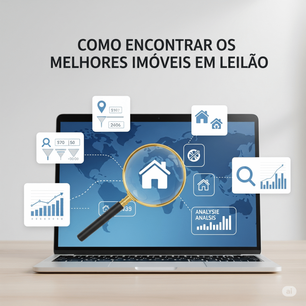 Imagem profissional que ilustra como encontrar os melhores imóveis em leilão, mostrando uma lupa sobre uma casa em uma tela de notebook, com ícones de filtros e análise de dados, simbolizando busca inteligente e oportunidades