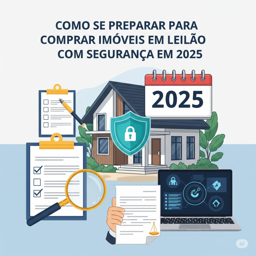 Uma imagem profissional que ilustra como comprar imóveis em leilão com segurança em 2025. Ela mostra uma casa com um escudo protetor, um calendário marcando 2025, uma lupa sobre documentos e um checklist, simbolizando preparação e proteção.
