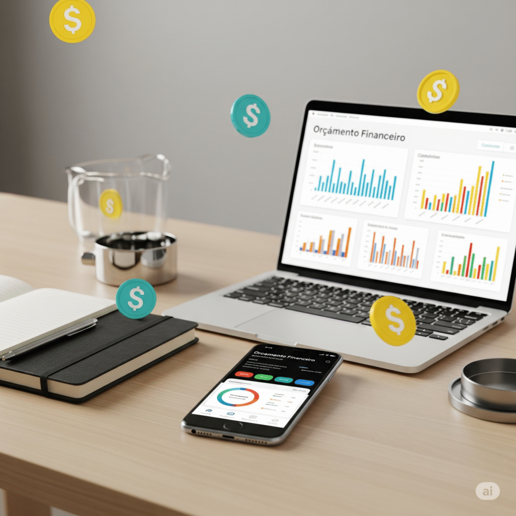 Uma mesa organizada com um laptop exibindo uma planilha de orçamento, um smartphone com um aplicativo financeiro e um caderno com uma caneta, simbolizando as ferramentas essenciais para seu controle financeiro e a organização das finanças.