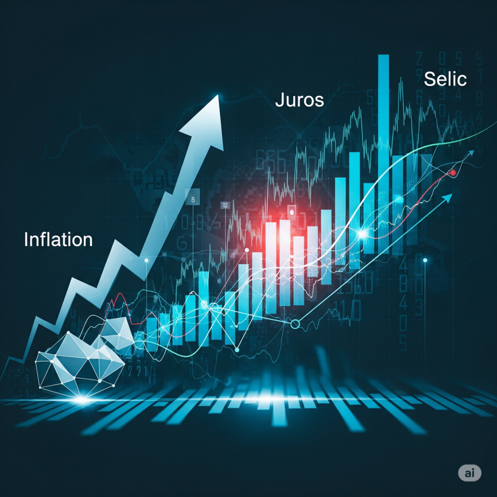 Gráfico conceitual em tons de azul e verde com setas e barras ascendentes, representando a dinâmica da inflação e da Taxa Selic, e como esses fatores econômicos se interligam e influenciam o mercado