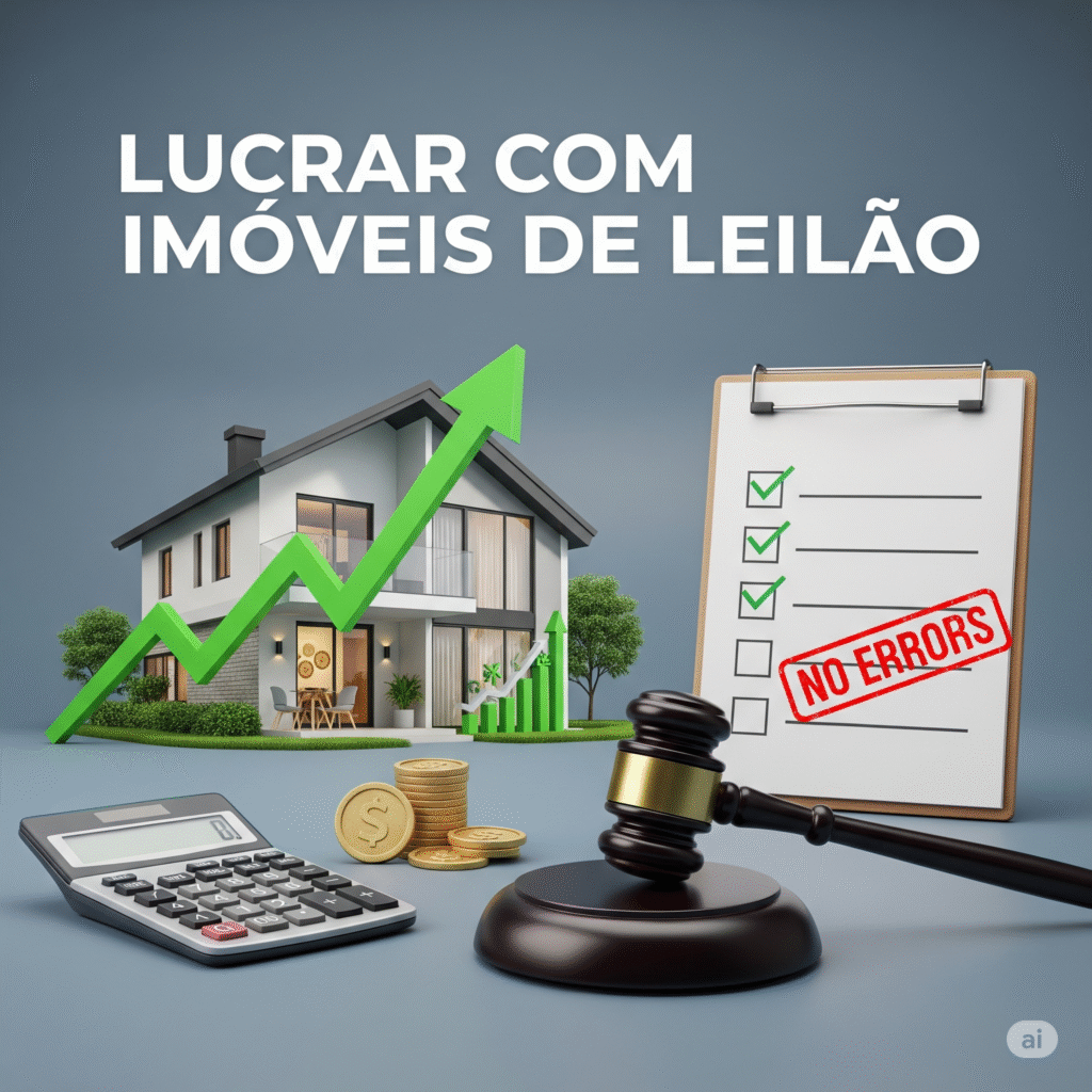 Uma imagem profissional que representa 'Lucrar com Imóveis de Leilão'. Ela mostra uma casa com uma seta verde de crescimento, uma calculadora com moedas, um martelo de leilão e uma prancheta com um checklist e um carimbo 'NO ERRORS', simbolizando lucro e investimentos seguros sem erros de iniciante.