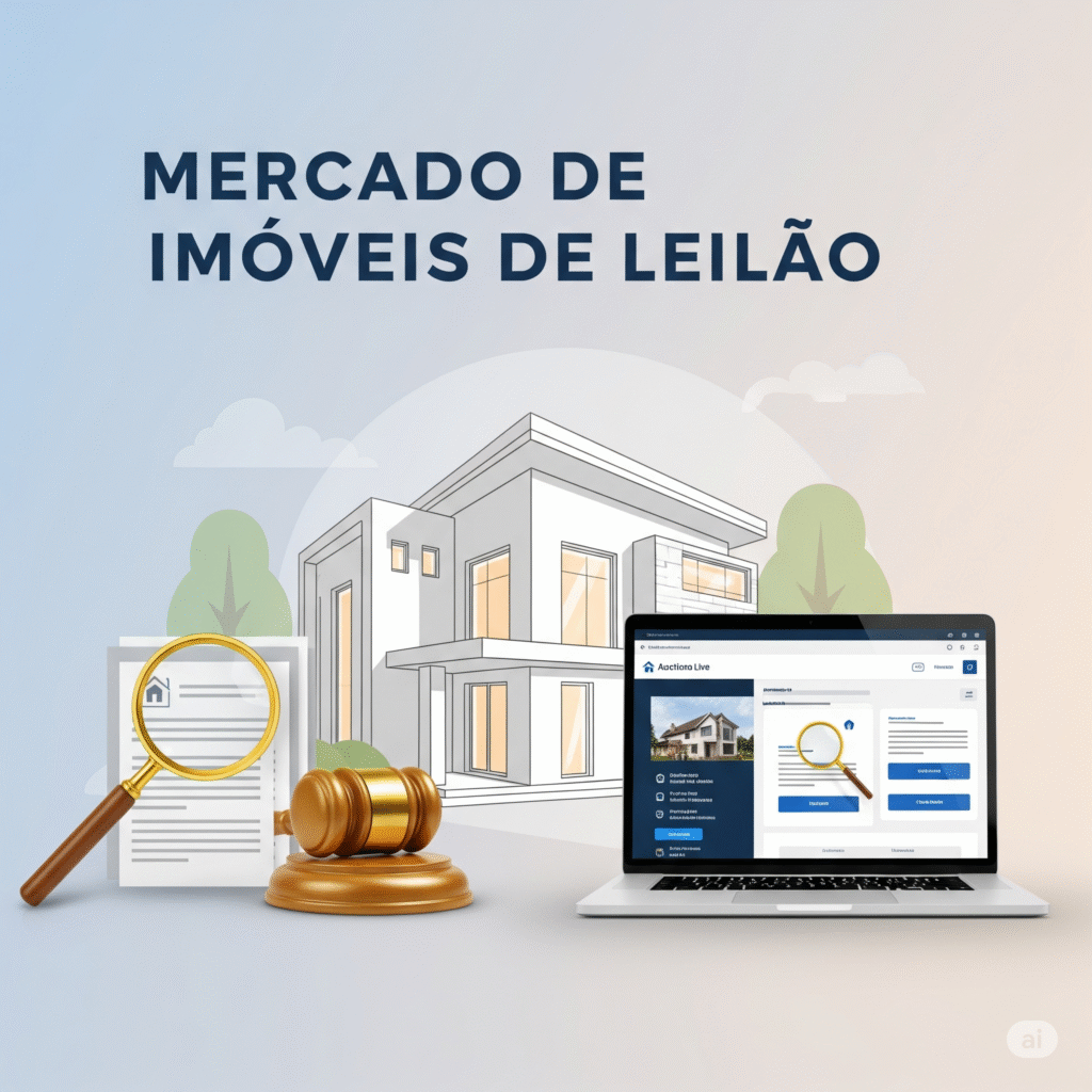 Uma imagem profissional que representa o Mercado de Imóveis de Leilão, com uma casa estilizada, um martelo de leilão, uma lupa sobre documentos e um laptop exibindo uma plataforma de leilões online, transmitindo transparência e oportunidade.