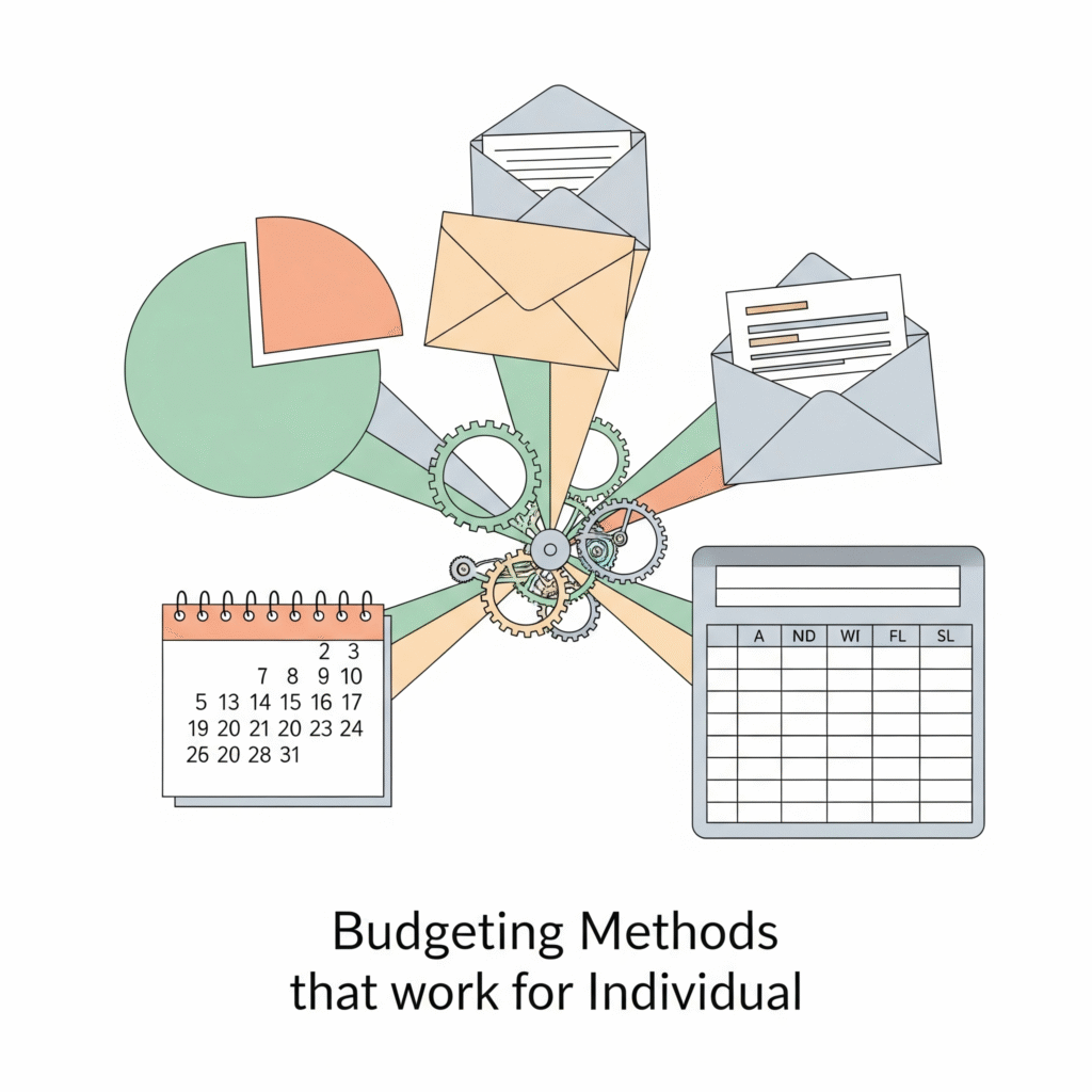Uma ilustração conceitual que representa vários métodos de orçamento funcionando em harmonia, com elementos como um gráfico de pizza, envelopes, um calendário e uma planilha, todos interligados por engrenagens, simbolizando organização, controle e personalização financeira.