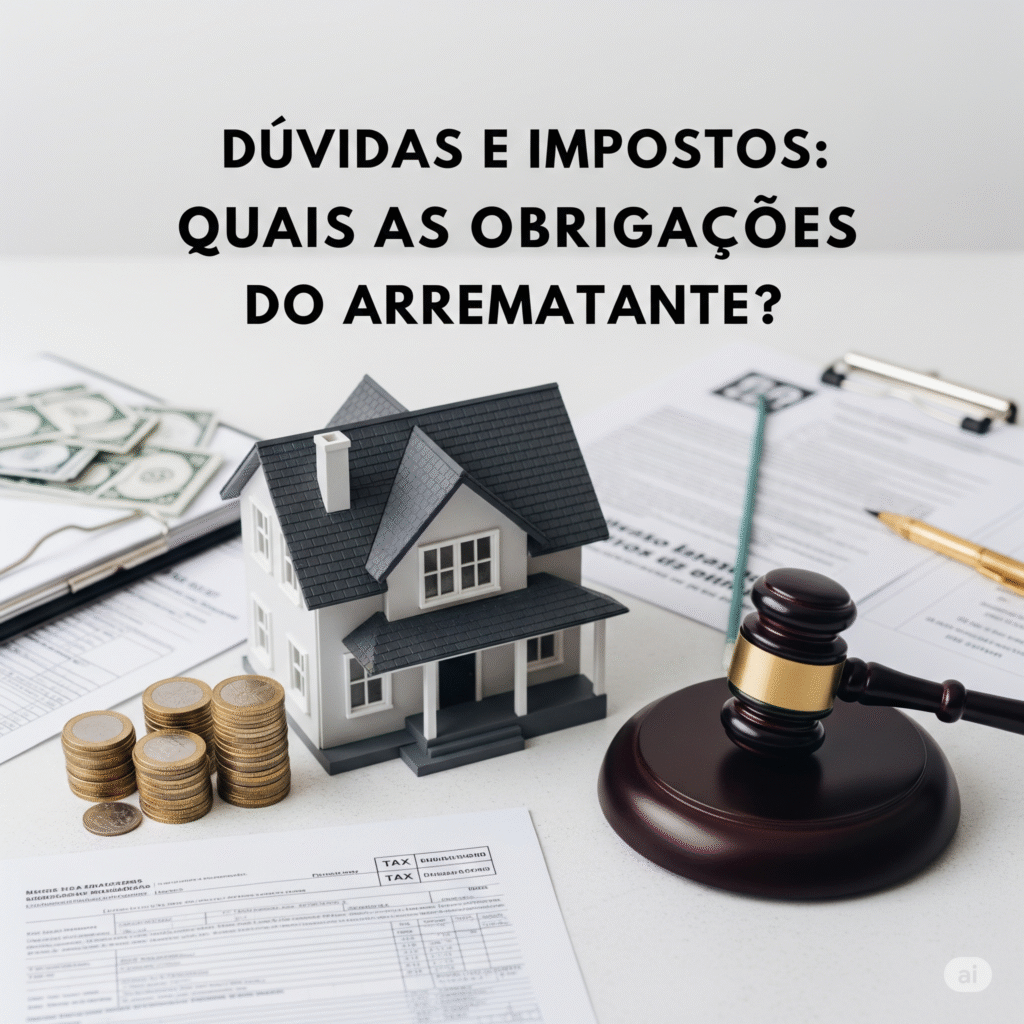 Uma imagem profissional que representa dívidas e impostos: quais as obrigações do arrematante, mostrando uma casa, um martelo de leilão, moedas e documentos legais, simbolizando as responsabilidades financeiras na aquisição de imóveis em leilão.