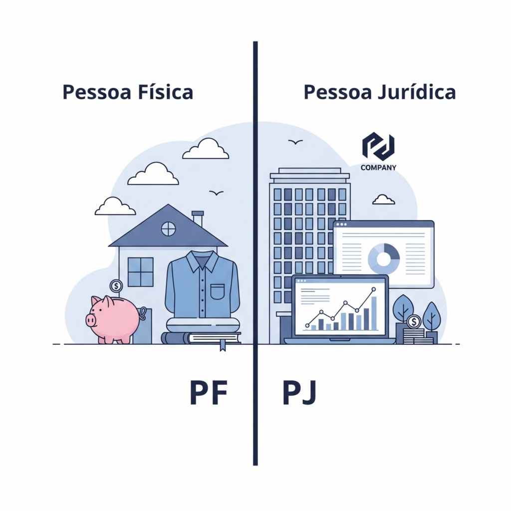 Uma ilustração clara dividida verticalmente ao meio, mostrando de um lado elementos de finanças pessoais (uma casa, um cofrinho rosa, uma camisa dobrada e livros) e do outro elementos de finanças empresariais (um prédio comercial, um laptop com gráficos e moedas empilhadas), simbolizando a importância de separar as contas PF e PJ para uma gestão financeira organizada