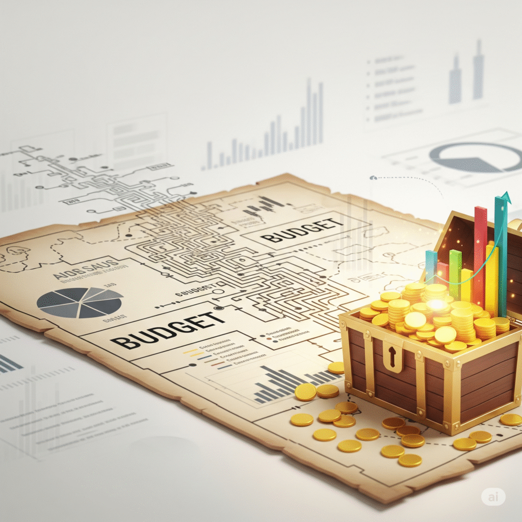 Um antigo mapa do tesouro desdobrado sobre uma mesa, com caminhos e textos que simulam um **primeiro orçamento** ou planejamento financeiro, levando a um baú aberto transbordando moedas de ouro e gráficos de crescimento financeiro. O fundo é claro, com diagramas e gráficos sutis, simbolizando a organização e o caminho para a prosperidade.