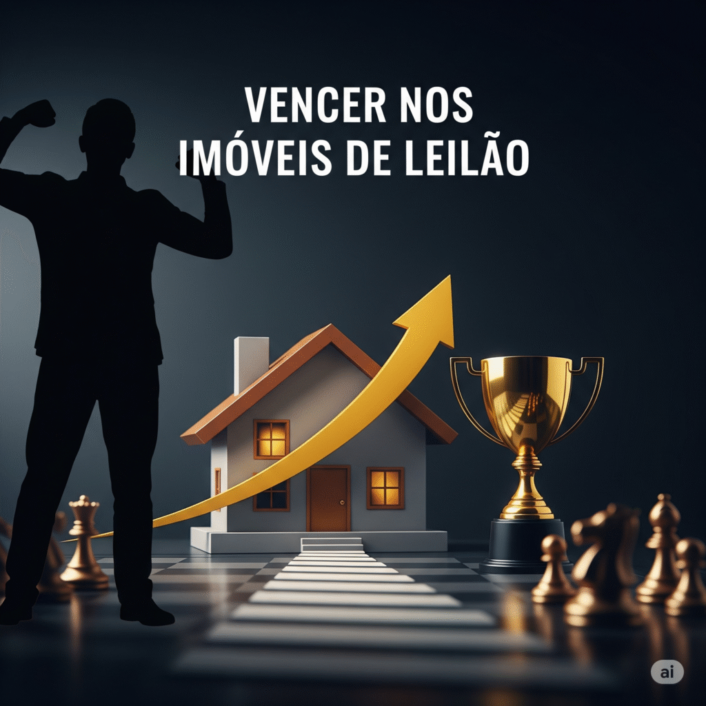 Uma imagem profissional que representa Vencer nos Imóveis de Leilão. Ela mostra a silhueta de uma pessoa vitoriosa, uma casa com uma seta de crescimento dourada, um troféu e peças de xadrez, simbolizando estratégia e sucesso no investimento.