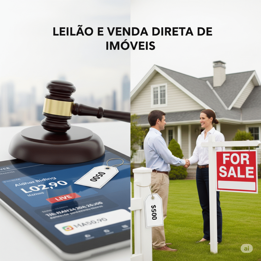Uma imagem dividida que compara leilão e venda direta de imóveis. À direita, a venda direta de imóveis é representada por uma casa com placa de 'vende-se' e um aperto de mãos, simbolizando a transação.