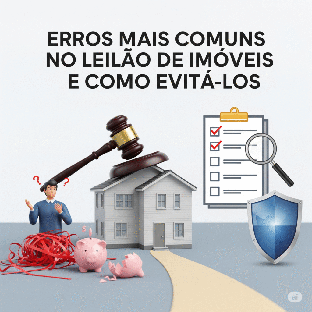 Uma imagem profissional que ilustra os erros mais comuns no leilão de imóveis e como evitá-los, mostrando um martelo de leilão sobre uma casa, um porquinho quebrado e uma pessoa confusa, ao lado de um checklist e um escudo protetor.