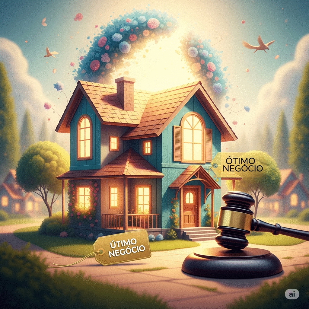 Uma imagem conceitual com uma casa em estilo de sonho, onde um martelo de leilão está em primeiro plano e um balão de fala com o texto 'Ótimo Negócio' flutua sobre ela, representando a oportunidade de encontrar o lar ideal através do leilão de imóveis para moradia.