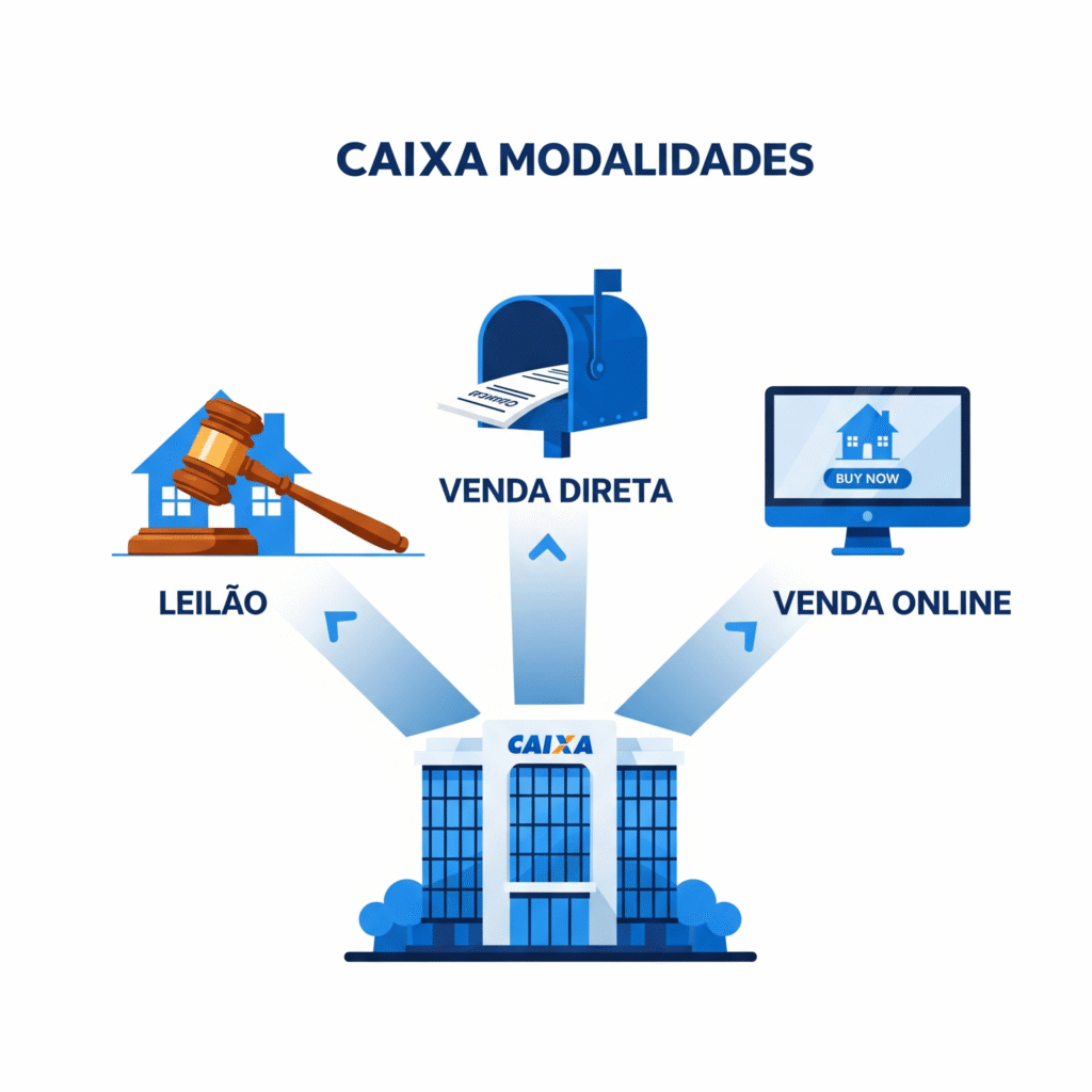 Uma ilustração em estilo infográfico mostrando as diferentes modalidades de leilão Caixa. A partir de um prédio da Caixa, setas apontam para ícones que representam 'Leilão', 'Venda Direta' e 'Venda Online', simbolizando as diversas formas de adquirir imóveis do banco.