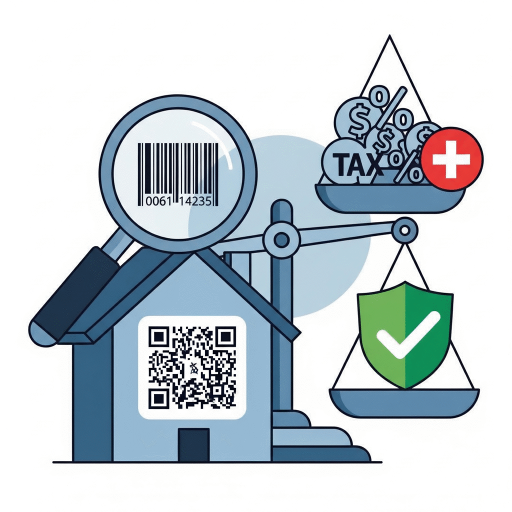 Uma ilustração em estilo infográfico sobre CPF dos imóveis e impostos. A imagem mostra uma balança, com impostos e um sinal de '+' de um lado, e um escudo de segurança com um 'check' do outro, com uma lupa fiscalizando uma casa com código de barras e QR code.