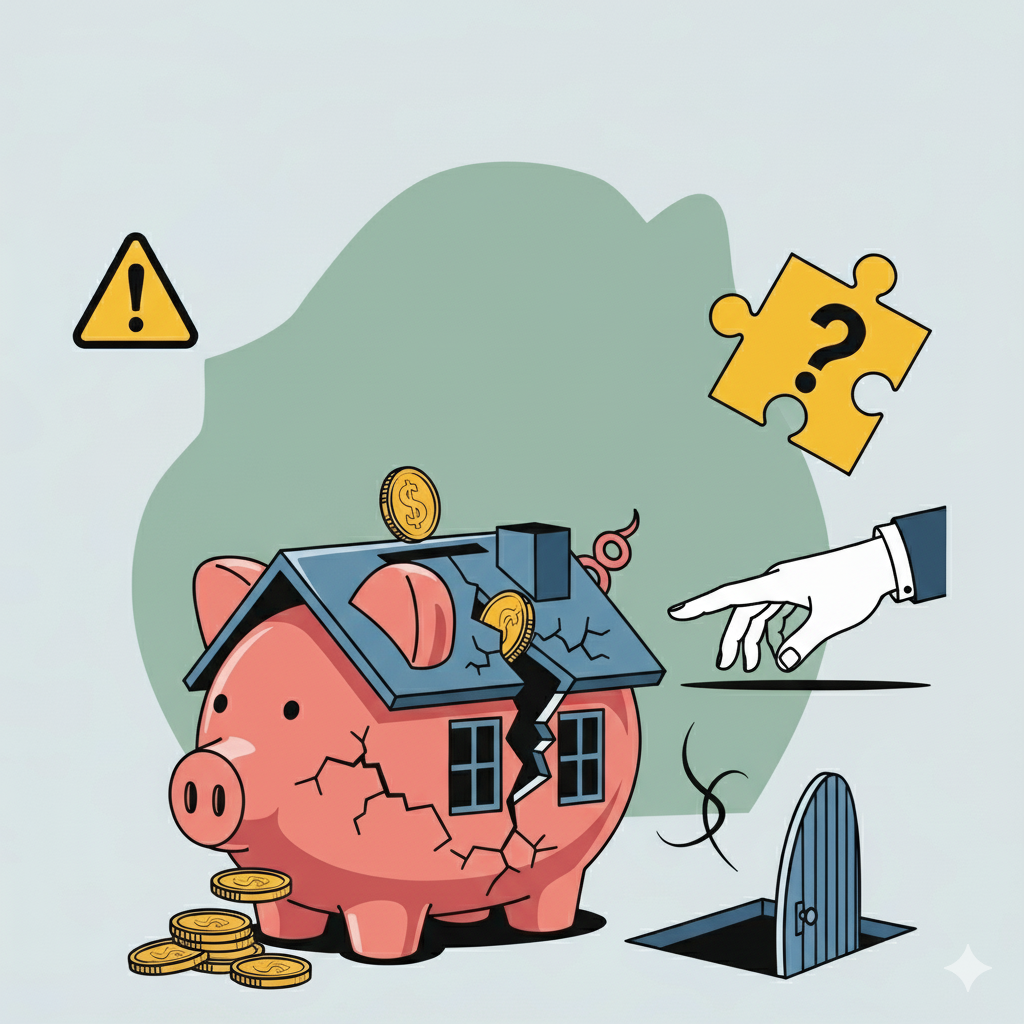 Uma ilustração que representa os riscos e cuidados: como evitar golpes e problemas em leilões de imóveis. A imagem mostra um cofrinho em formato de casa rachado, moedas de dinheiro, um ponto de exclamação de alerta, uma peça de quebra-cabeça com um ponto de interrogação e uma mão apontando para um alçapão, simbolizando os perigos e a necessidade de cautela ao investir.