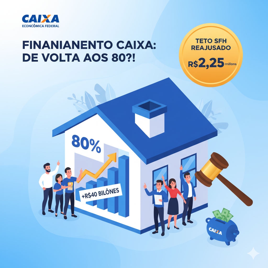 Uma ilustração que representa o novo cenário do financiamento imobiliário da Caixa. A imagem mostra uma casa com um gráfico de 80% e R$40BB Um cofrinho da Caixa e uma moedade ouro com