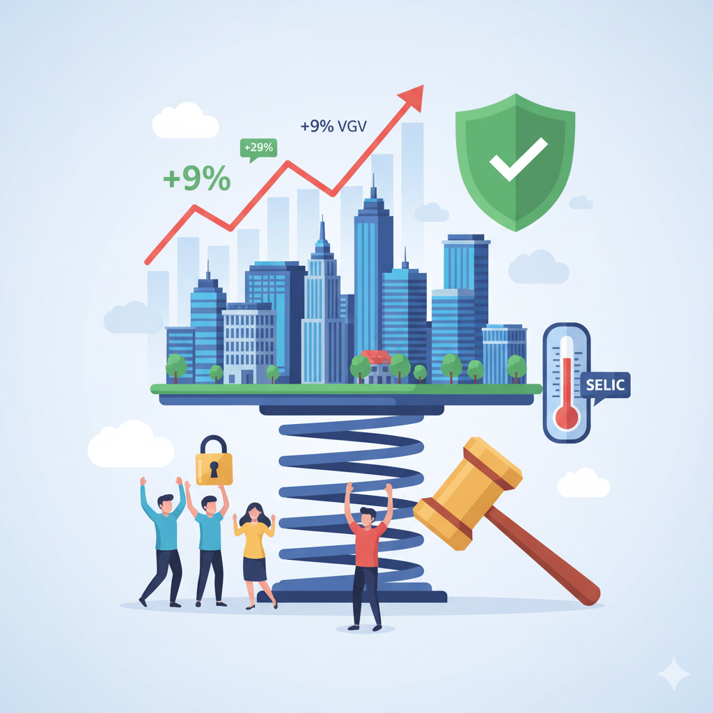 Uma representação visual do cálculo do valor real de imóvel em leilão. A imagem mostra uma grande lupa focando em uma casa e em documentos, com gráficos financeiros e um martelo de leilão ao fundo, simbolizando a necessidade de análise e due diligence para descobrir o valor oculto.