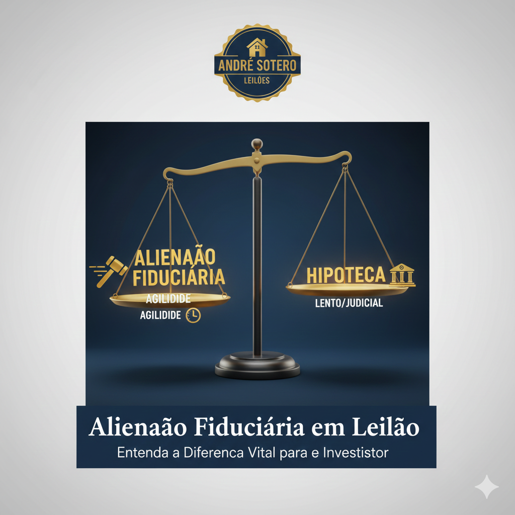 Infográfico comparativo sobre alienação fiduciária em leilão e hipoteca, apresentando um martelo de leilão, um contrato bancário e uma chave de imóvel, simbolizando a agilidade jurídica e a segurança no investimento imobiliário.